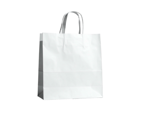 Simple white paper shopping bag with twisted handles, shadow, and slightly open