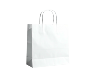 A clean, white paper shopping bag with twisted white handles, isolated on black