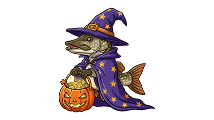 Whimsical Fish Wizard with Halloween pumpkin: A cartoon fish dressed as a wizard, its scales shimmering, holds a jack-o'-lantern bucket filled with treats.