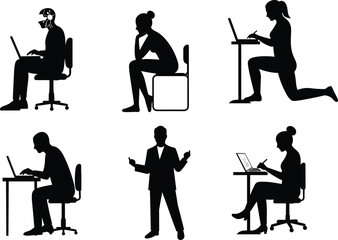 Silhouette people with laptops, office desk posture, tablet writing, remote work, business presentation, workplace ergonomics, study scene, digital illustration