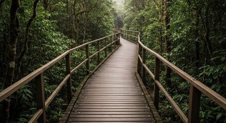 Fototapeta premium Wooden walkway through lush green forest