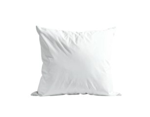A fluffy white square pillow against a stark black background
