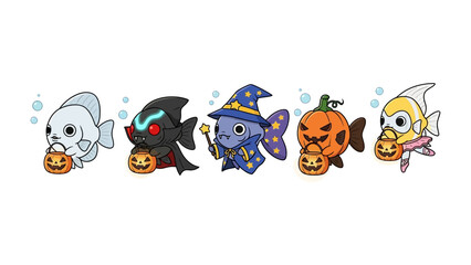 Obraz premium Halloween Aquarium Friends: A whimsical array of five fish, each dressed in creative Halloween costumes, poised with a trick-or-treat bucket in a vibrant and cheerful underwater tableau.