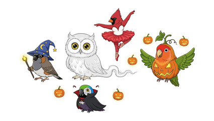 Whimsical Avian Halloween: A playful and vibrant cartoon composition, showcasing a variety of charming bird characters dressed in festive Halloween costumes.