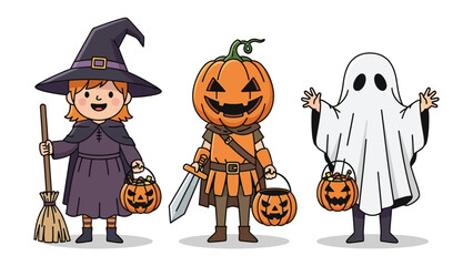 Spooky Trio: A charming cartoon illustration showcasing a witch, a pumpkin-headed figure, and a friendly ghost, all ready for Halloween festivities. 