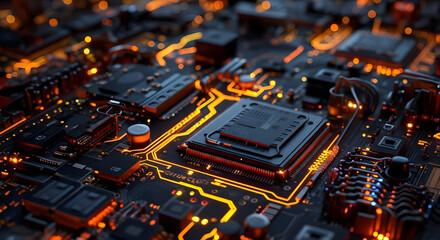 Futuristic motherboard with glowing orange circuits showcases the beauty of modern technology and electronic innovation