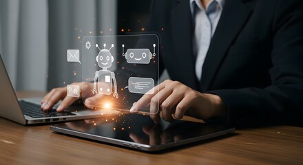 AI Chatbot Assistant on Digital Tablet: Business Technology Concept