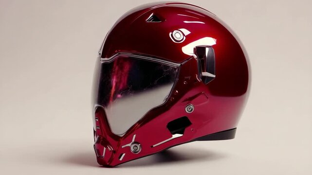 A red glossy full-face motorcycle helmet with a mirrored visor.