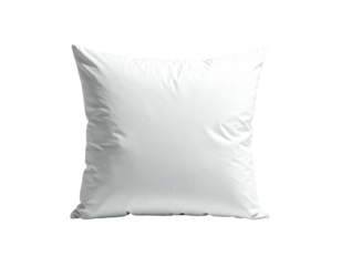 A fluffy, square white pillow isolated against a dark, stark black background