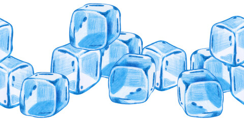 Seamless border with ice cubes on a white background, hand-drawn. The drawing with colored pencils is isolated on a white background. Cold. Winter.
