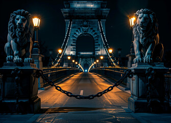 Hungary, Chain Bridge, Royal Palace and Danube river in Budapest at night.