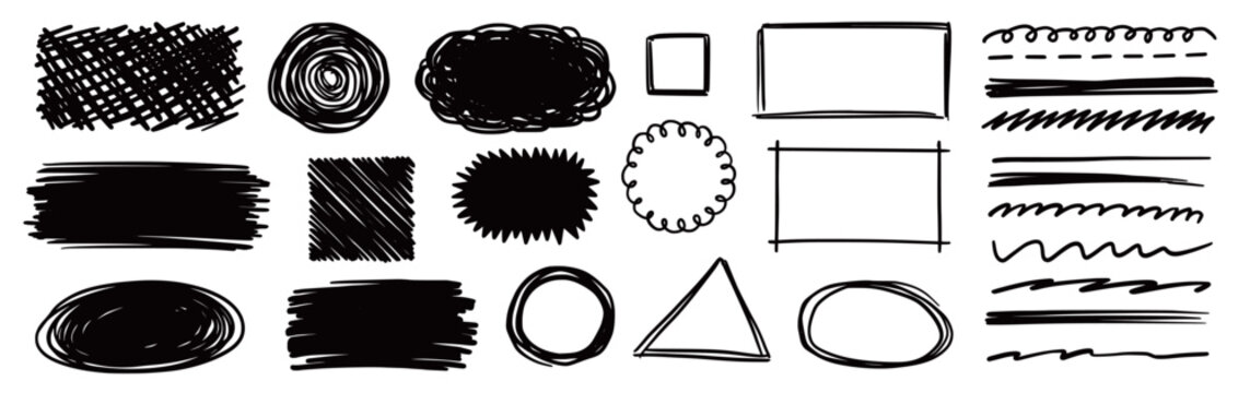 Pencil scribble vector frame set. Hand drawn pencil texture scribble stroke rectangle, circle frame and underline. Grunge sketch marker cloud bubble, geometric shape. Vector illustration
