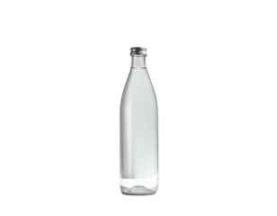 Transparent glass bottle filled with clear liquid, set against a black background