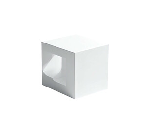 Fototapeta premium White cube with a rectangular window, curved edges with paper emerging on black