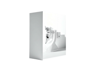 White, geometric art installation featuring a cascading flow of abstract forms