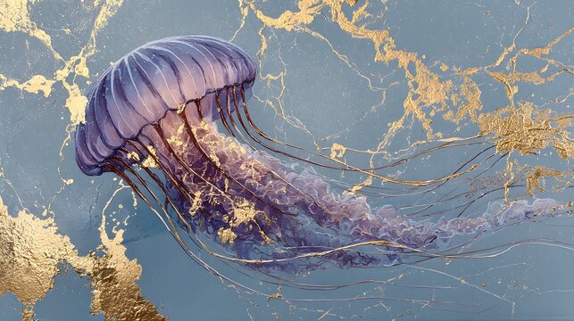 A majestic purple jellyfish floats gracefully amidst a serene blue background adorned with shimmering golden accents, creating a captivating and elegant artistic illustration.