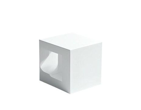 White cube with a rectangular window, curved edges with paper emerging on black