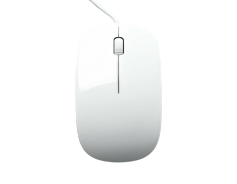 Sleek, glossy white input device with cord against a black background