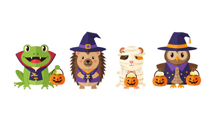 Halloween Costume Animals: A whimsical group of animal friends, dressed in playful halloween costumes, stands ready for trick-or-treating with their pumpkin buckets.