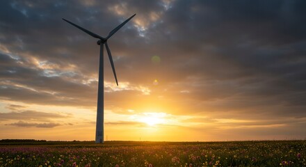 A single wind turbine at sunrise in a spring wildflower field, symbolizing clean, renewable energy, sustainability, and the future of green power technology for a better planet.