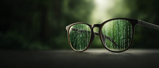 Mysterious closeup of hacker glasses with green code technology reflecting virtual reality overlayed on dark nature background.
