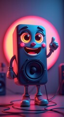 Cartoon speaker mascot with shiny eyes and wide smile