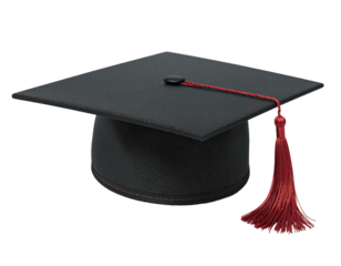 A black graduation cap with red tassel and button on a black background