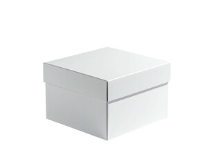 A white, square cardboard box with a lid, set against a black background