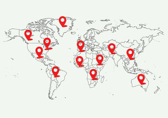 World map location pin pointers global business locations vector illustration of world map