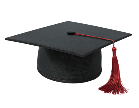 A black graduation cap with red tassel and button on a black background
