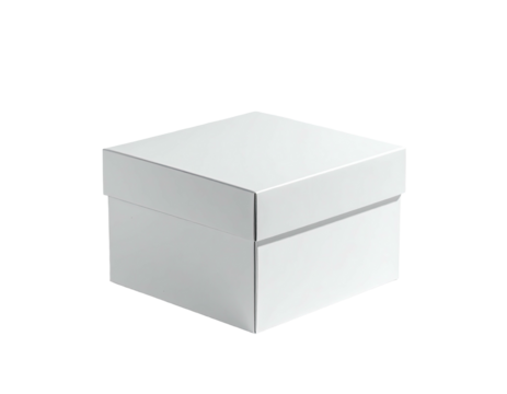 A white, square cardboard box with a lid, set against a black background