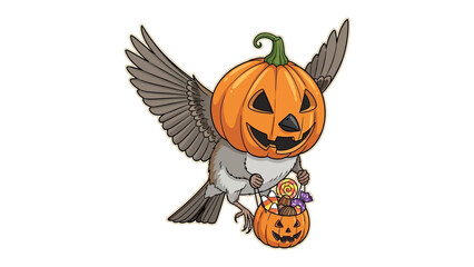 Spooky Season Sparrow: A whimsically illustrated sparrow, adorned with a pumpkin head and carrying a jack-o'-lantern treat bucket, embodies the playful spirit of Halloween.