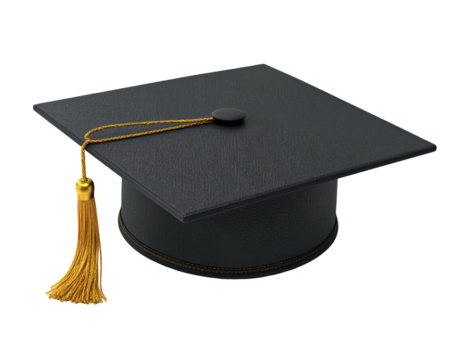 A black square graduation cap with a golden tassel against a transparent background