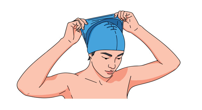 Stylized illustration of a swimmer putting on a bright blue swim cap at the pool before entering for some laps for exercise and well-being