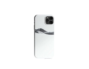 Sleek smartphone with a monochrome mountain scene on its back