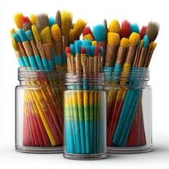 Artistic expression is sparked by the array of colorful brushes in a beautifully painted jar of supplies