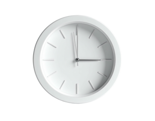White minimalist wall clock shows 300, isolated against black background