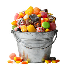 A bucket overflowing with assorted halloween candiespng