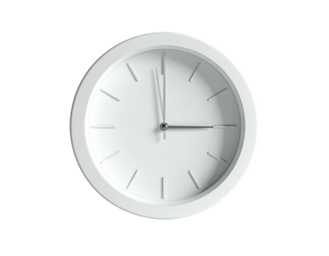 White minimalist wall clock shows 300, isolated against black background