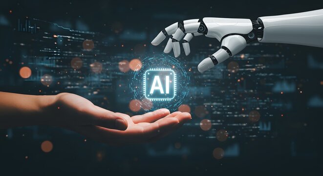 AI Technology Concept: Human and Robot Hands with AI Chip