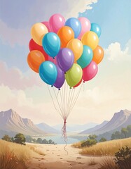Colorful balloons bunch, floating over a scenic landscape
