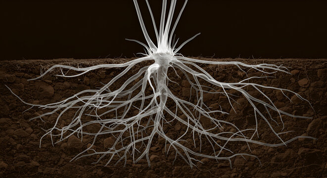 X-ray style render of Pueraria mirifica (Kwao Krua) root system underground.