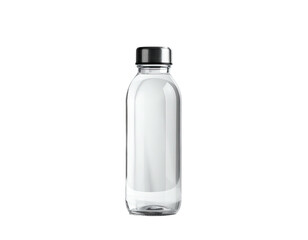 A tall transparent bottle with a black cap, set against a black background