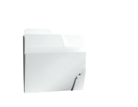 Close-up view of a bright white file folder against a black background