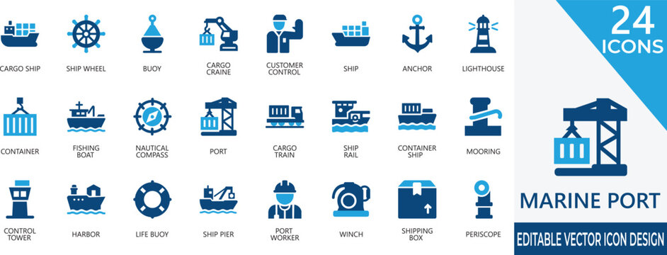 A professional vector icon set representing marine ports, shipping, logistics, and cargo operations. Perfect for apps, websites, presentations, and stock platforms needing clear maritime visuals.