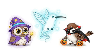Halloween Birds: A whimsical digital illustration showcases three enchanting bird characters, each adorned in Halloween costumes, creating a festive and delightful scene. 