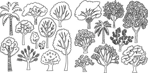 Collection of various trees silhouettes and cute squirrel illustration for nature design coloring book or botanical study material