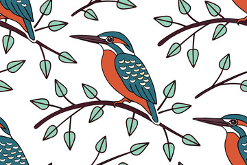 seamless pattern with blue kingfisher birds