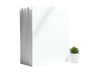 A stack of blank white books next to a small potted succulent plant