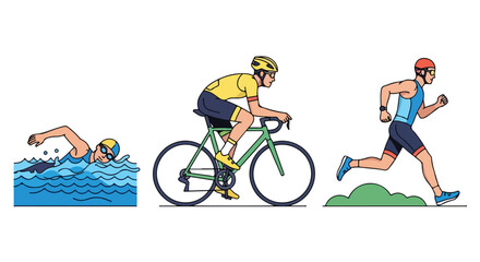 Triathlon stages showcasing swimming, cycling, and running disciplines, demonstrating endurance sport and athleticism progression
